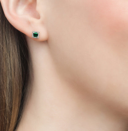 14K Gold Emerald Stud Earrings | Tiny Square Diamond and Emerald Earrings | Minimalist Birthstone Jewelry Gift for Her. Cushionblue