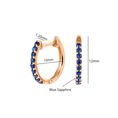 14K Gold & Blue Sapphire Huggie Earrings, 14k Gold Eternity Hoop Earring. Cushionblue