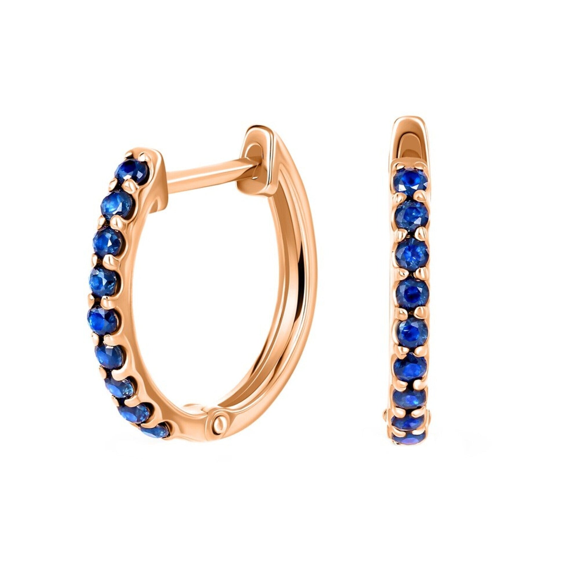14K Gold & Blue Sapphire Huggie Earrings, 14k Gold Eternity Hoop Earring. Cushionblue
