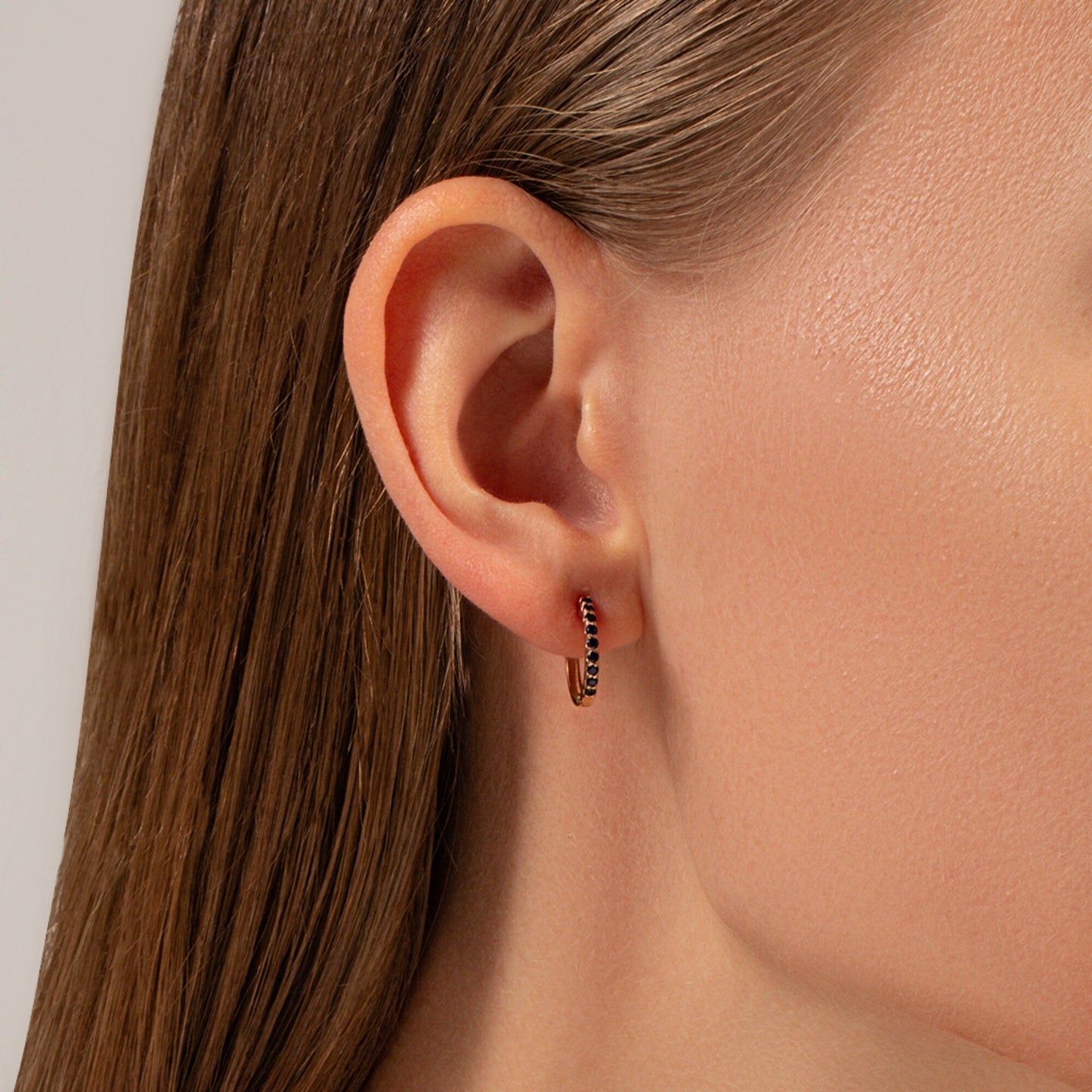 14K Gold & Blue Sapphire Huggie Earrings, 14k Gold Eternity Hoop Earring. Cushionblue