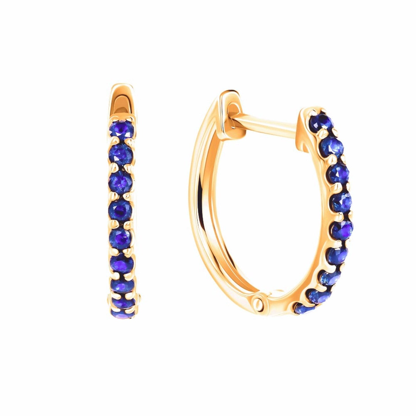 14K Gold & Blue Sapphire Huggie Earrings, 14k Gold Eternity Hoop Earring. Cushionblue