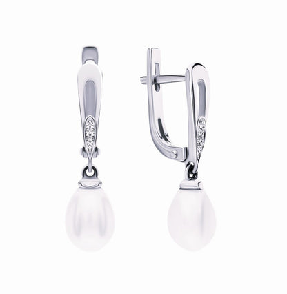 14k Gold Pearl Diamond Huggie Earring,Tiny Pearl Drop Clip On Hoop. Cushionblue