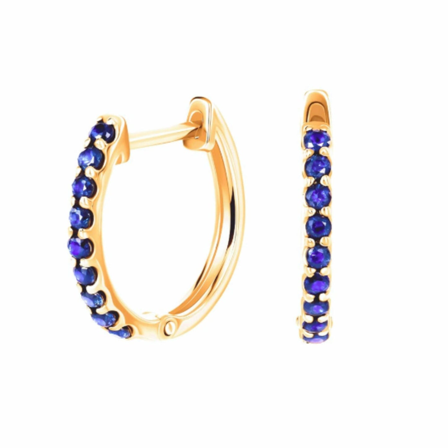 14K Gold & Blue Sapphire Huggie Earrings, 14k Gold Eternity Hoop Earring. Cushionblue