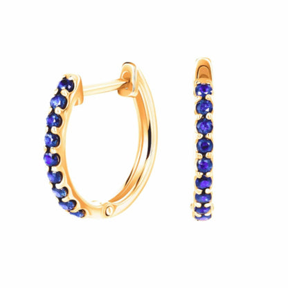 14K Gold & Blue Sapphire Huggie Earrings, 14k Gold Eternity Hoop Earring. Cushionblue