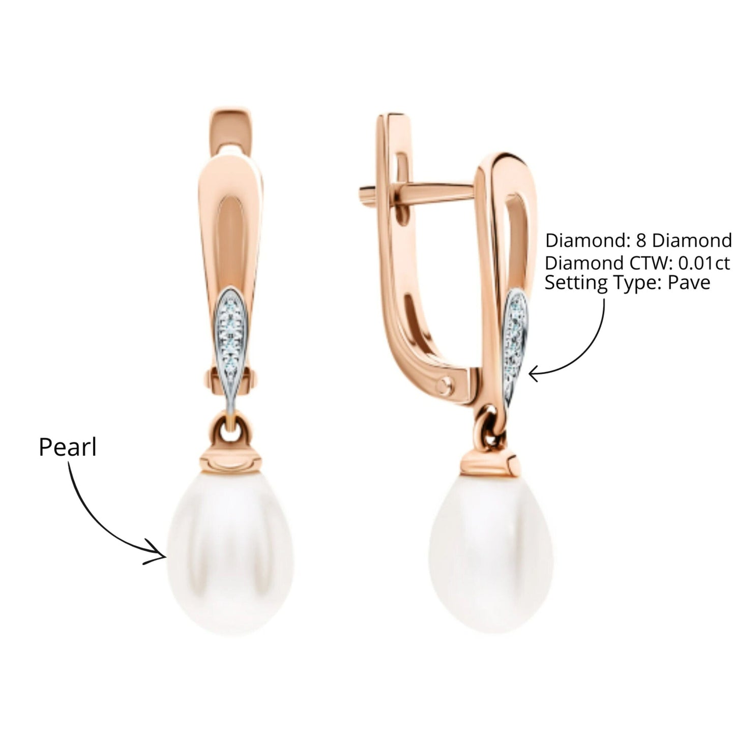 14k Gold Pearl Diamond Huggie Earring,Tiny Pearl Drop Clip On Hoop. Cushionblue