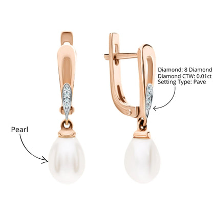 14k Gold Pearl Diamond Huggie Earring,Tiny Pearl Drop Clip On Hoop. Cushionblue