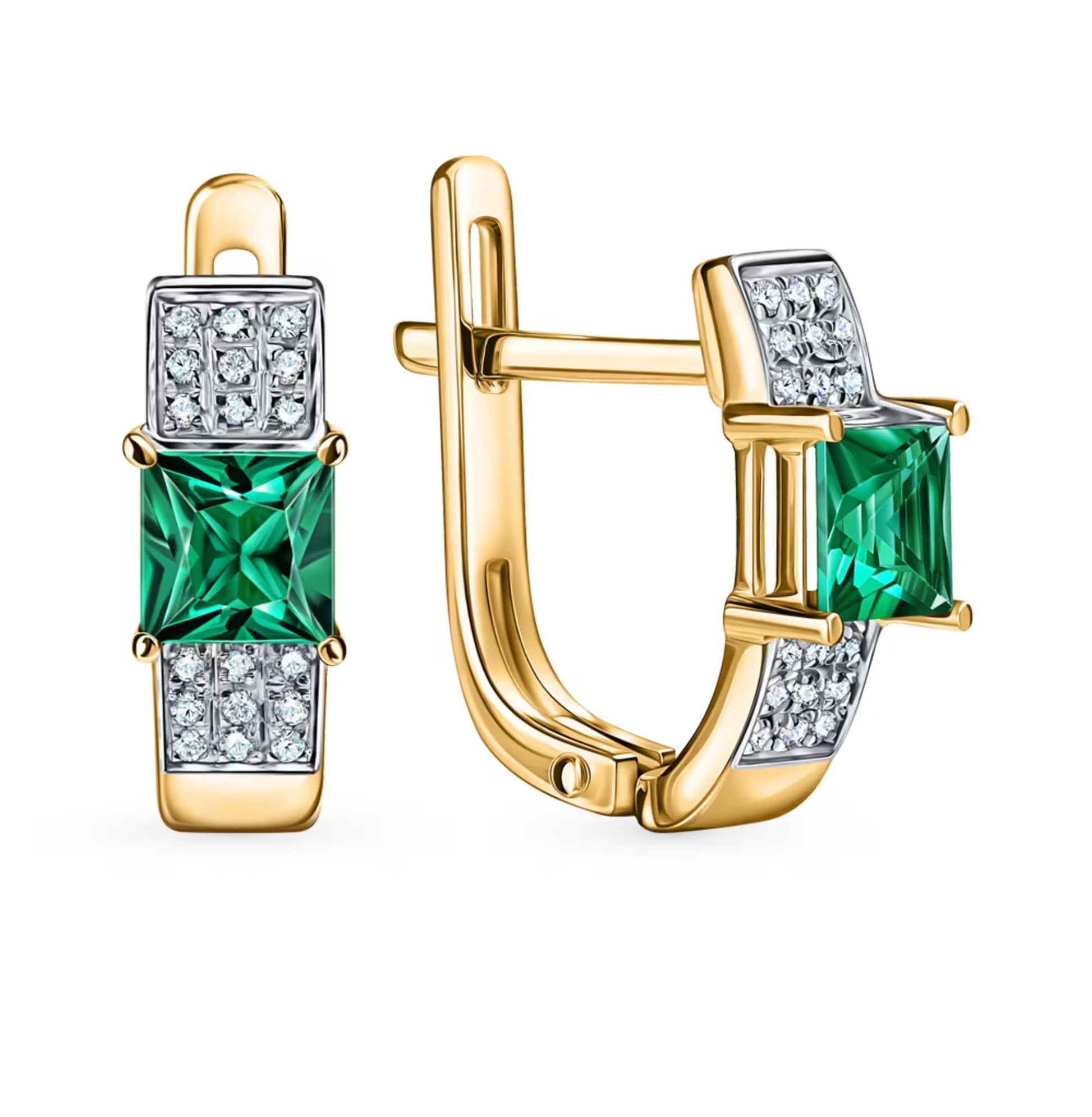 14k Solid Gold Emerald Hoop Earring. Cushionblue