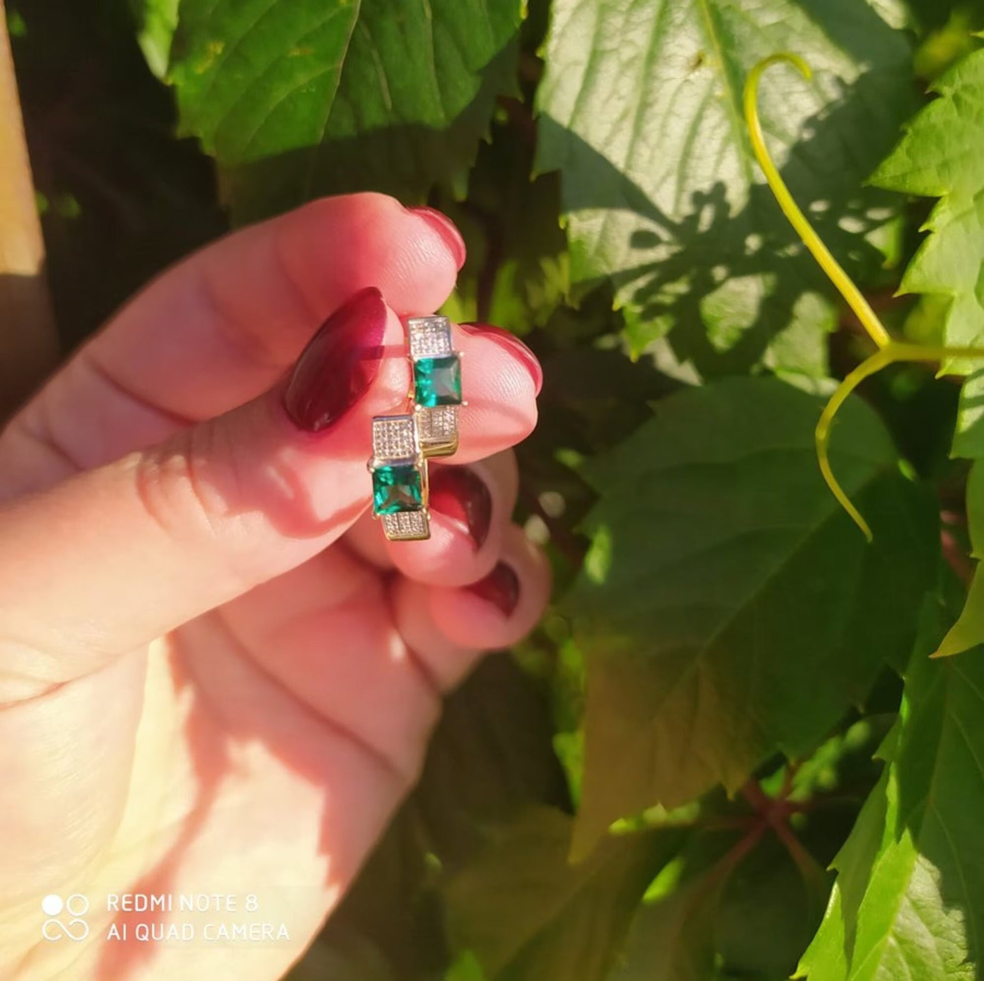 14k Solid Gold Emerald Hoop Earring. Cushionblue