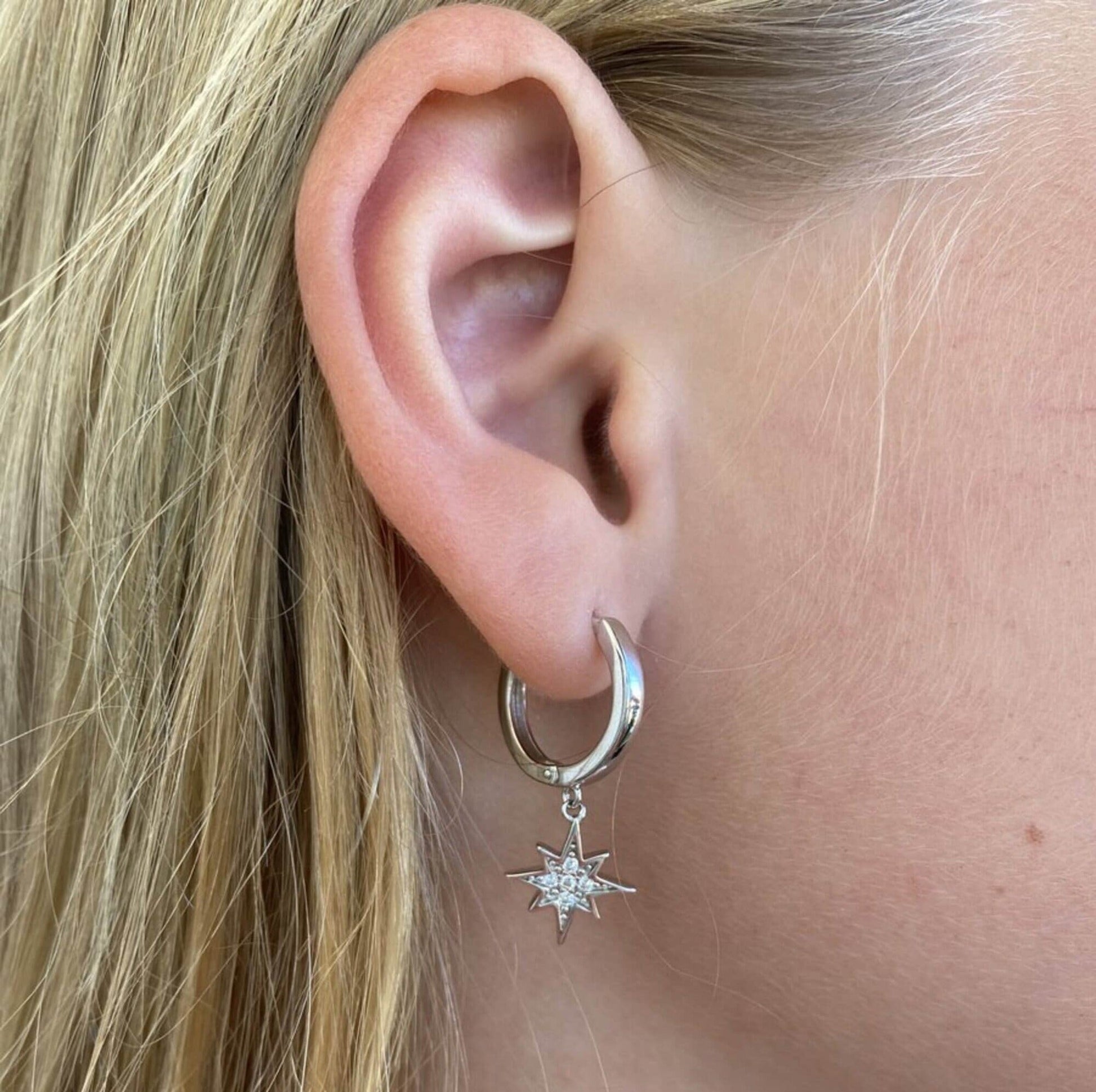 14k Gold Moon Star Huggies Earring, Crescent Moon Star Hoop Earrings. Cushionblue