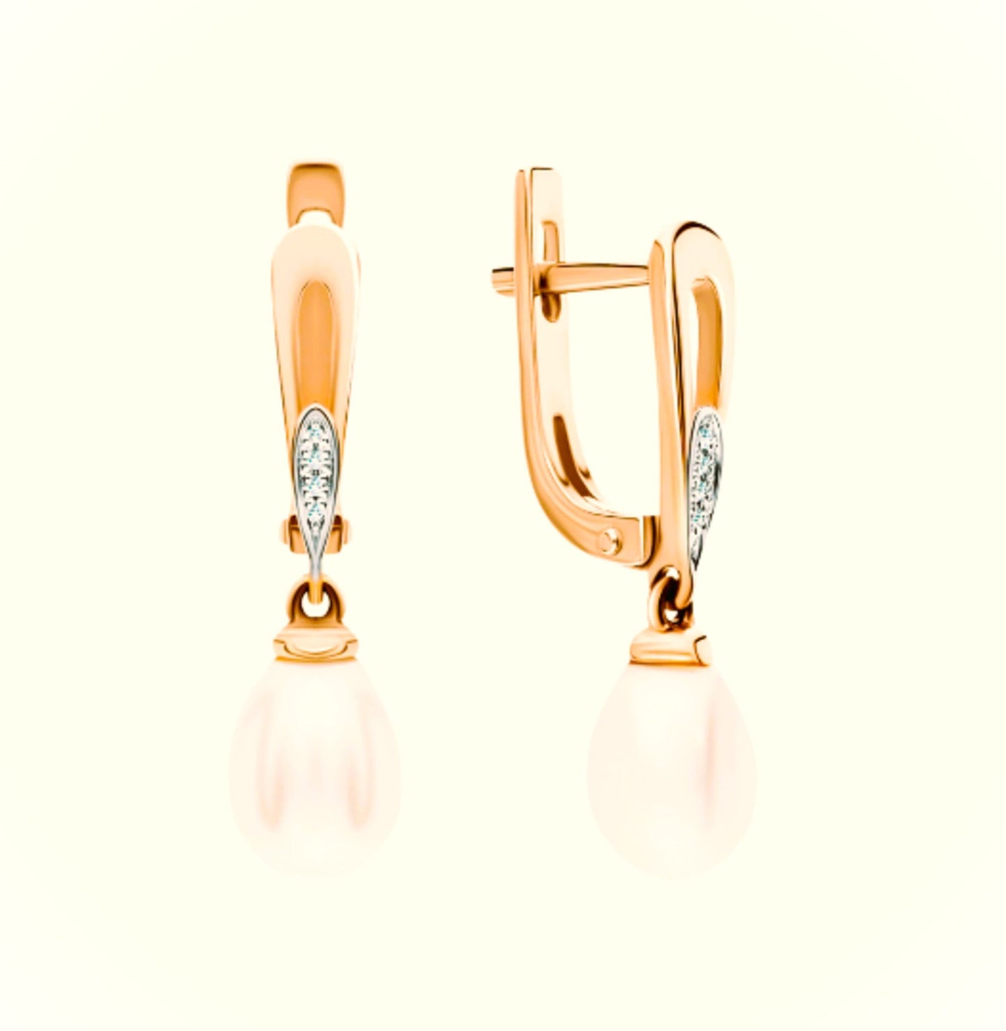 14k Gold Pearl Diamond Huggie Earring,Tiny Pearl Drop Clip On Hoop. Cushionblue