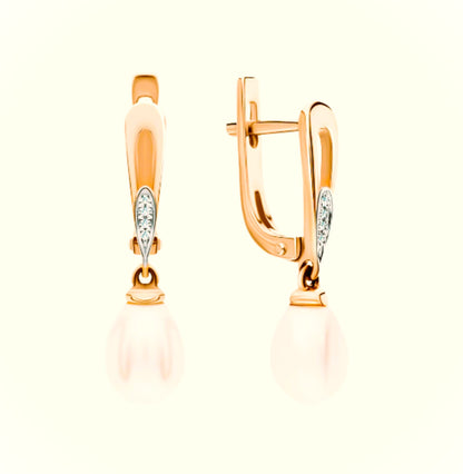 14k Gold Pearl Diamond Huggie Earring,Tiny Pearl Drop Clip On Hoop. Cushionblue