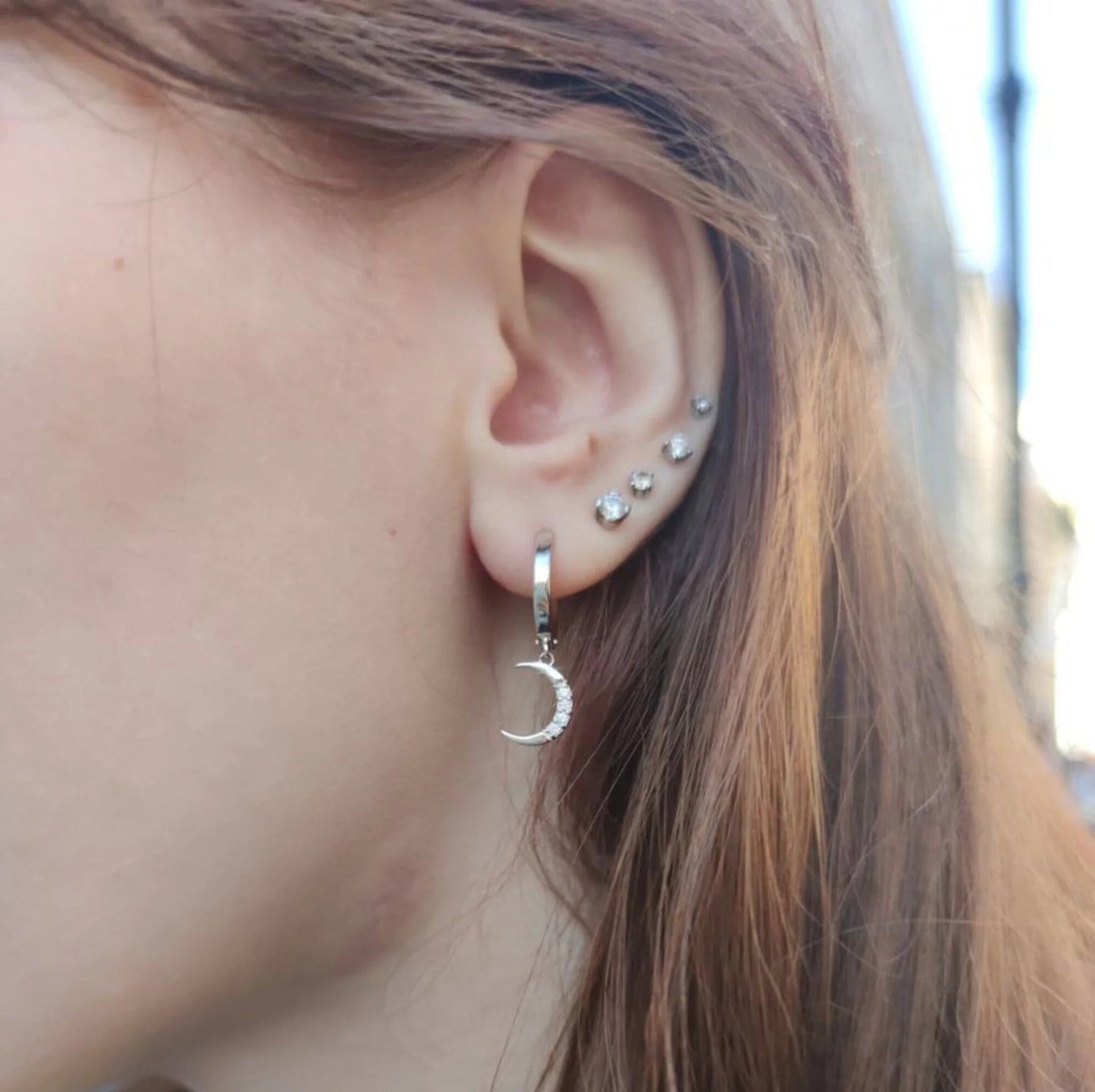 14k Gold Moon Star Diamond Huggie Earring Cushionblue