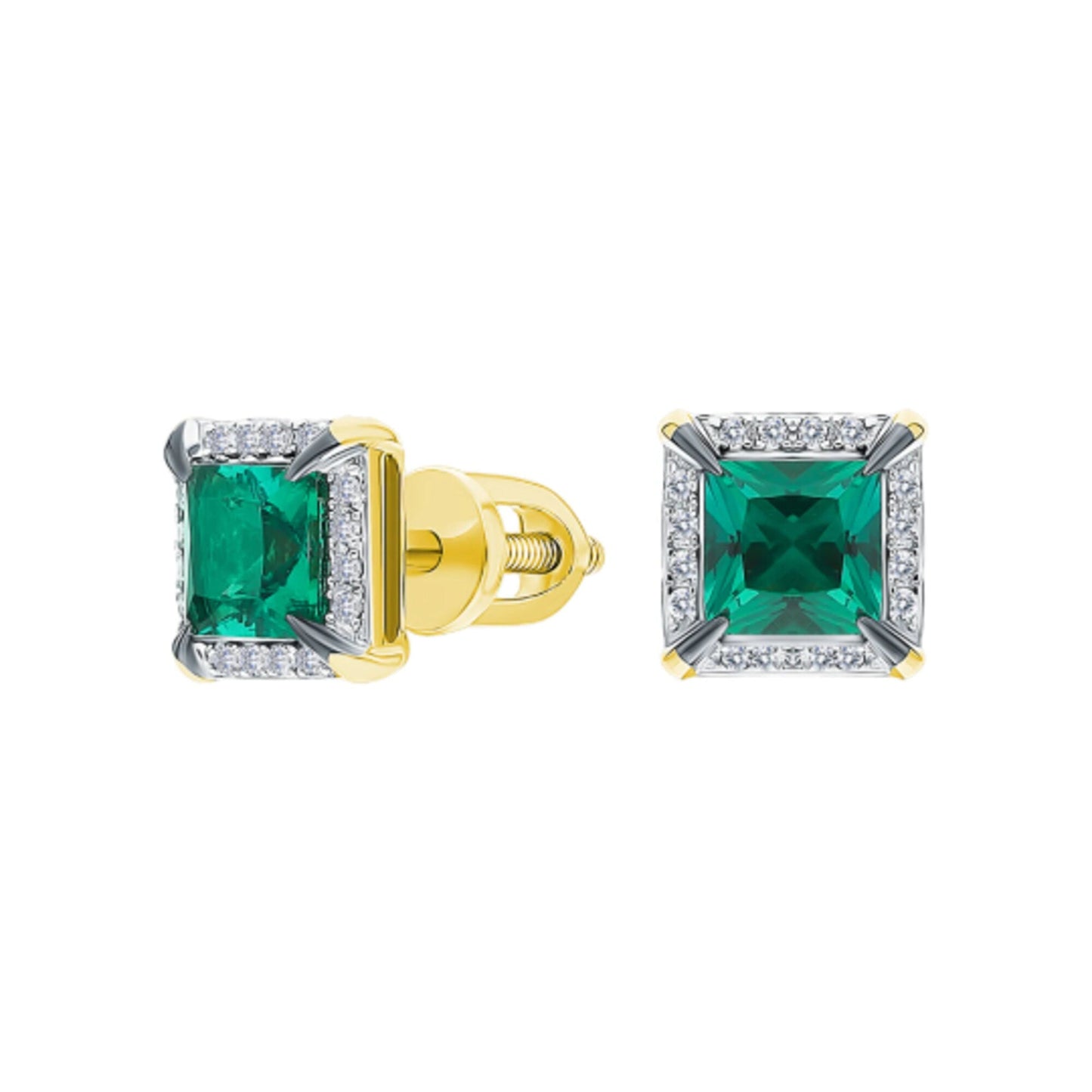 14K Gold Emerald Stud Earrings | Tiny Square Diamond and Emerald Earrings | Minimalist Birthstone Jewelry Gift for Her. Cushionblue