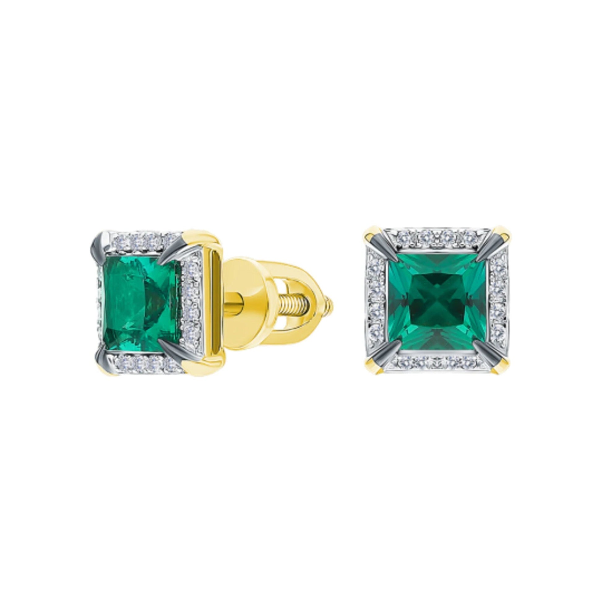 14K Gold Emerald Stud Earrings | Tiny Square Diamond and Emerald Earrings | Minimalist Birthstone Jewelry Gift for Her. Cushionblue