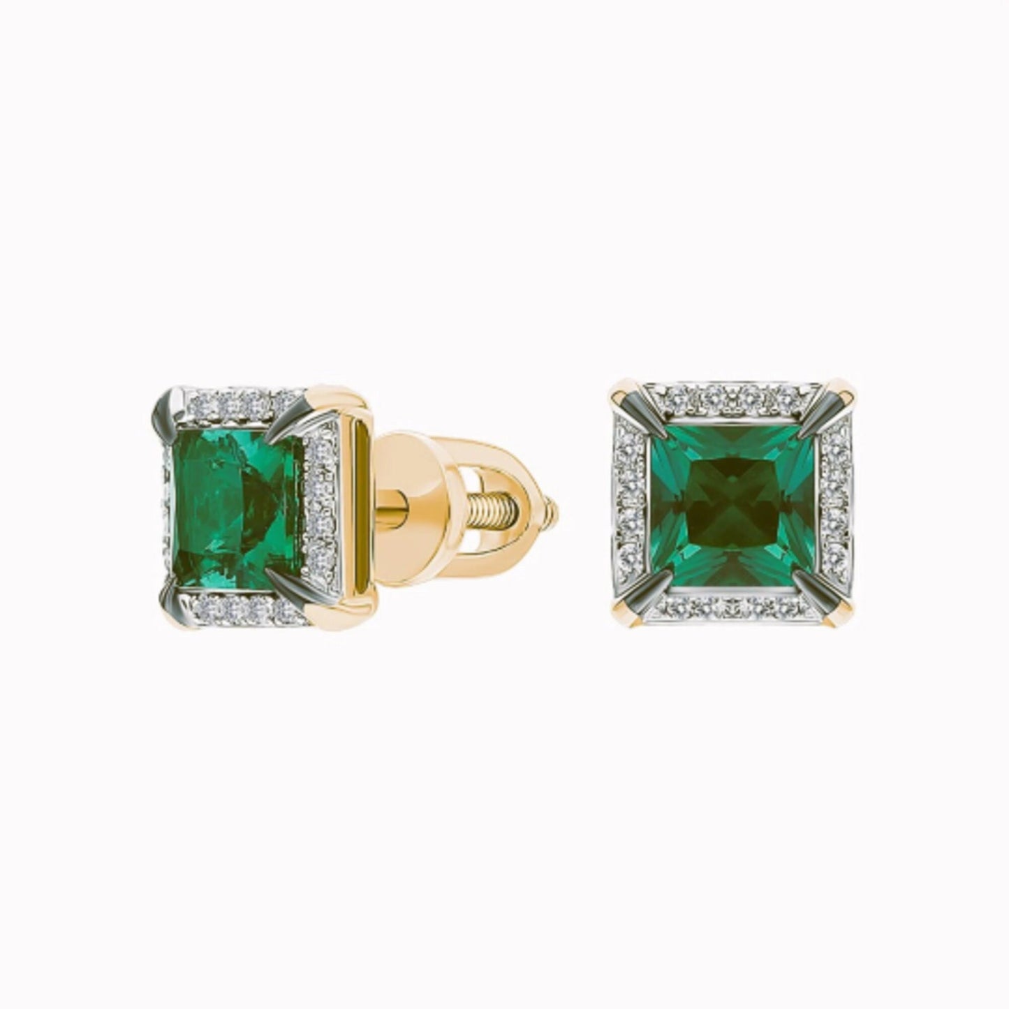 14K Gold Emerald Stud Earrings | Tiny Square Diamond and Emerald Earrings | Minimalist Birthstone Jewelry Gift for Her. Cushionblue