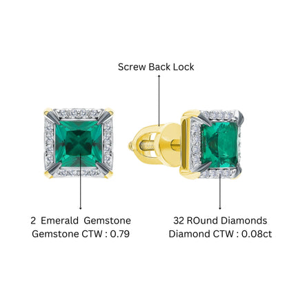 14K Gold Emerald Stud Earrings | Tiny Square Diamond and Emerald Earrings | Minimalist Birthstone Jewelry Gift for Her. Cushionblue