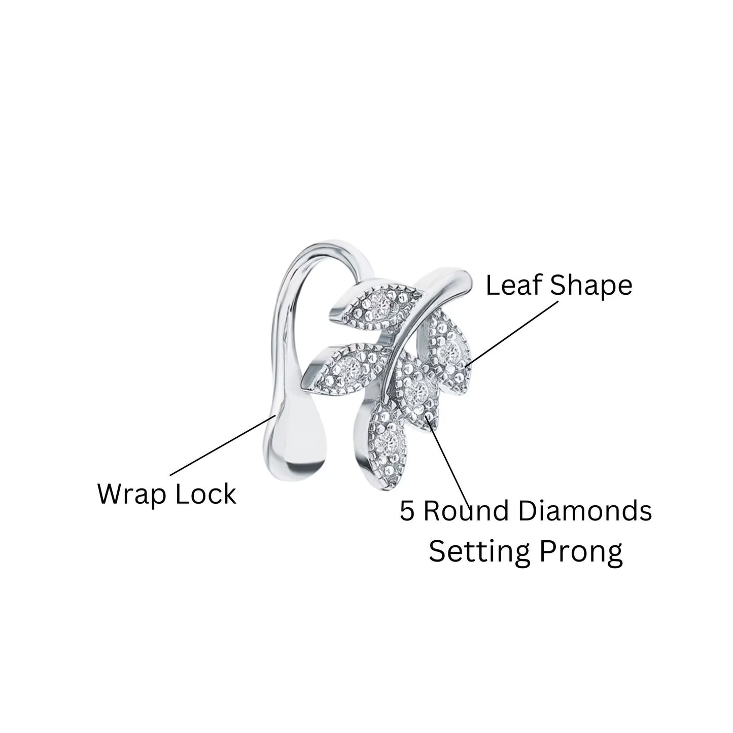14K Gold Helix Ear Cuff Diamond(0.95ct) Leaf Ear Cuff Leaf Wrap Earring. Cushionblue