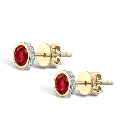 14K Gold Round Cut Ruby Stud | Red Gemstone Earring | Diamond Ruby Bezel Stud Earrings |  Gift For Her. Cushionblue