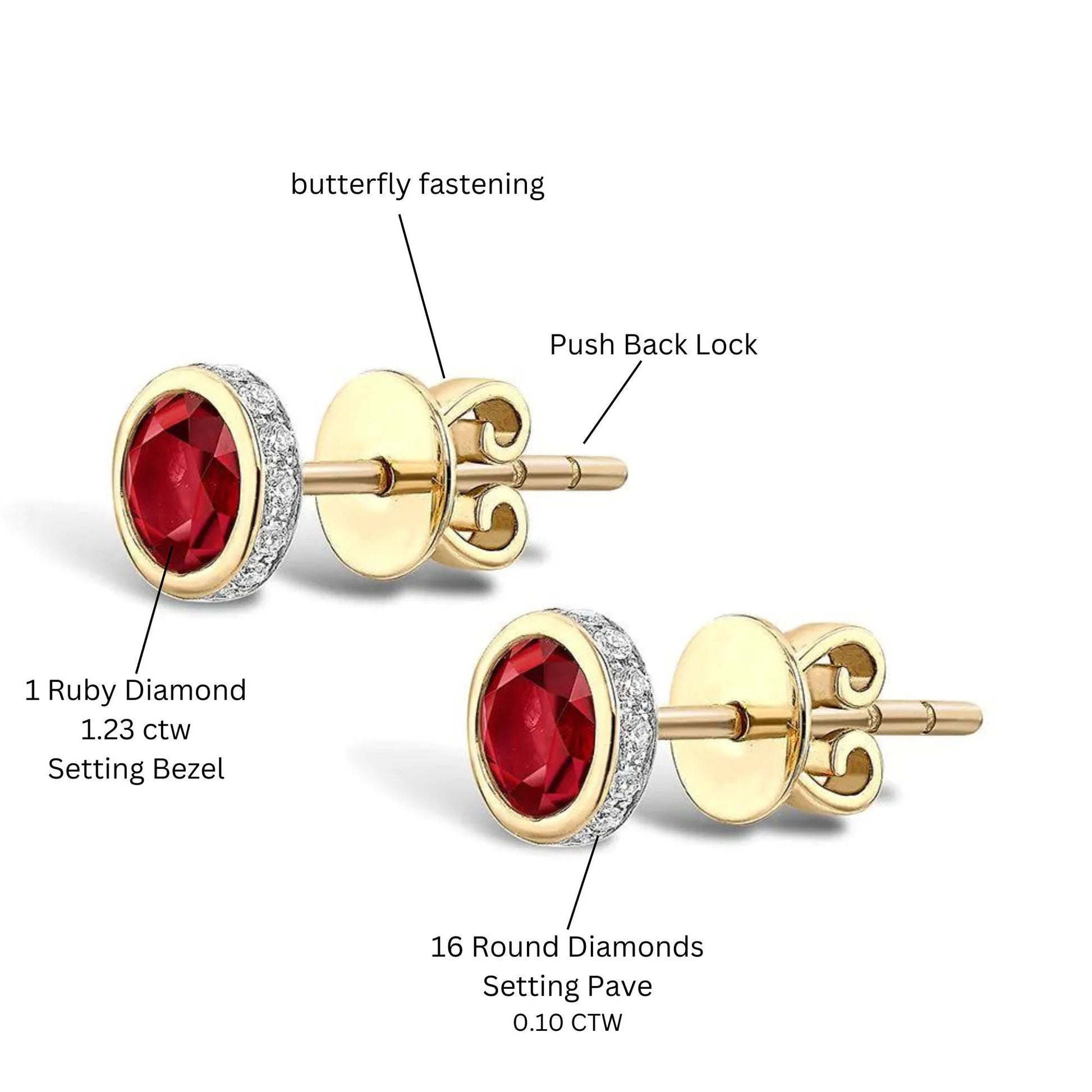 14K Gold Round Cut Ruby Stud | Red Gemstone Earring | Diamond Ruby Bezel Stud Earrings |  Gift For Her. Cushionblue