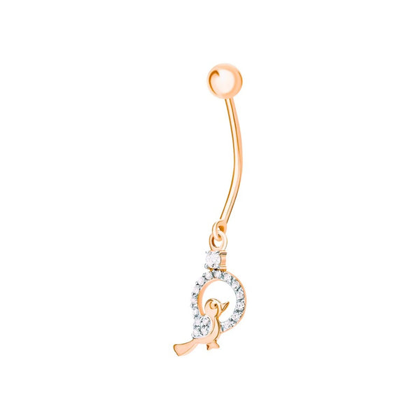 14K Gold Sparrow Belly Button Ring, 14G Diamond Barbell Navel Ring, Dainty Bird Belly Piercing Gift for Her. Cushionblue