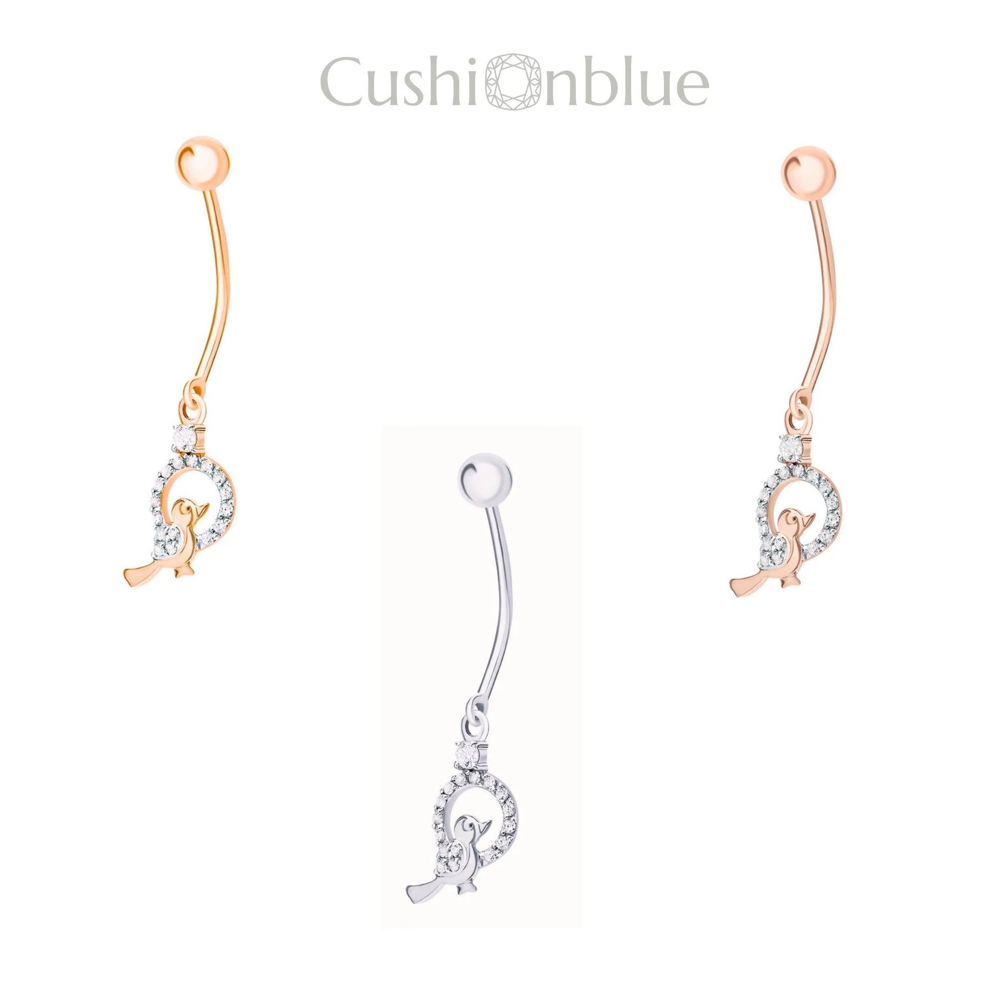 14K Gold Sparrow Belly Button Ring, 14G Diamond Barbell Navel Ring, Dainty Bird Belly Piercing Gift for Her. Cushionblue