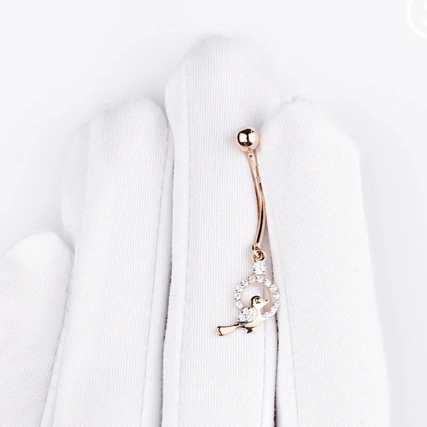 14K Gold Sparrow Belly Button Ring, 14G Diamond Barbell Navel Ring, Dainty Bird Belly Piercing Gift for Her. Cushionblue
