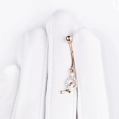 14K Gold Sparrow Belly Button Ring, 14G Diamond Barbell Navel Ring, Dainty Bird Belly Piercing Gift for Her. Cushionblue