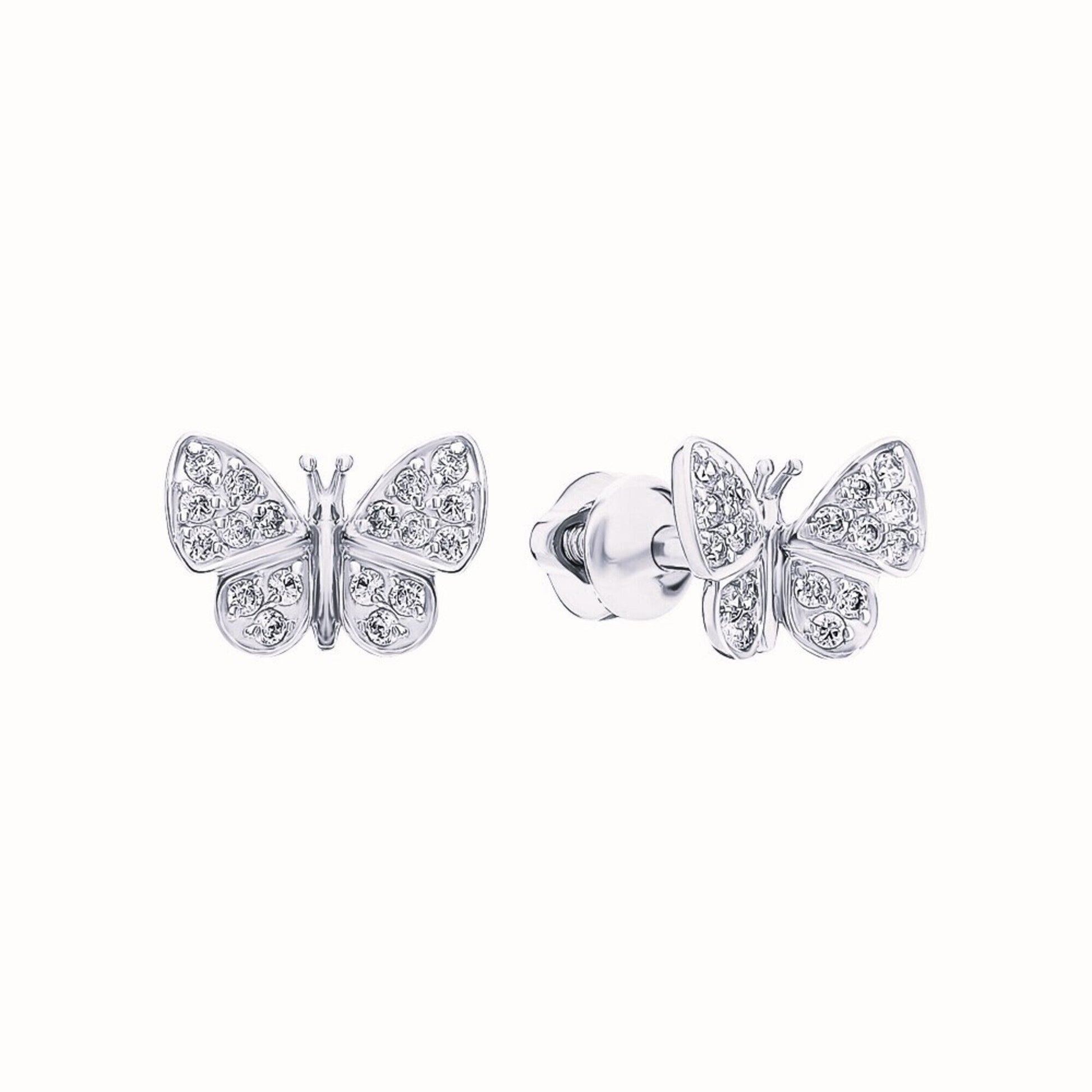 Butterfly Diamond Stud Earrings, Dainty 14K Gold Butterfly Earrings, Sparkly Nature-Inspired Jewelry, Minimalist Diamond Gift for Her Cushionblue