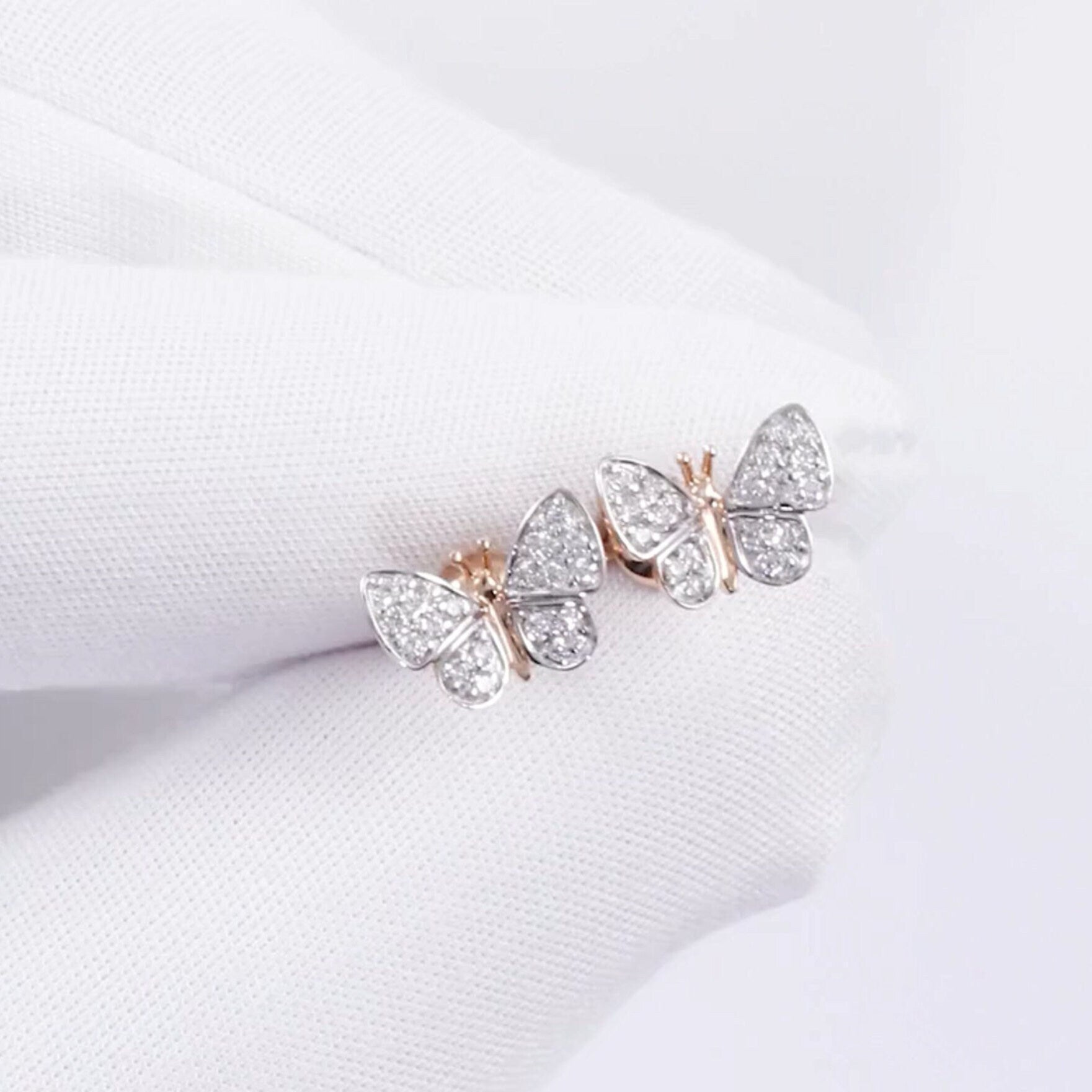 Butterfly Diamond Stud Earrings, Dainty 14K Gold Butterfly Earrings, Sparkly Nature-Inspired Jewelry, Minimalist Diamond Gift for Her Cushionblue