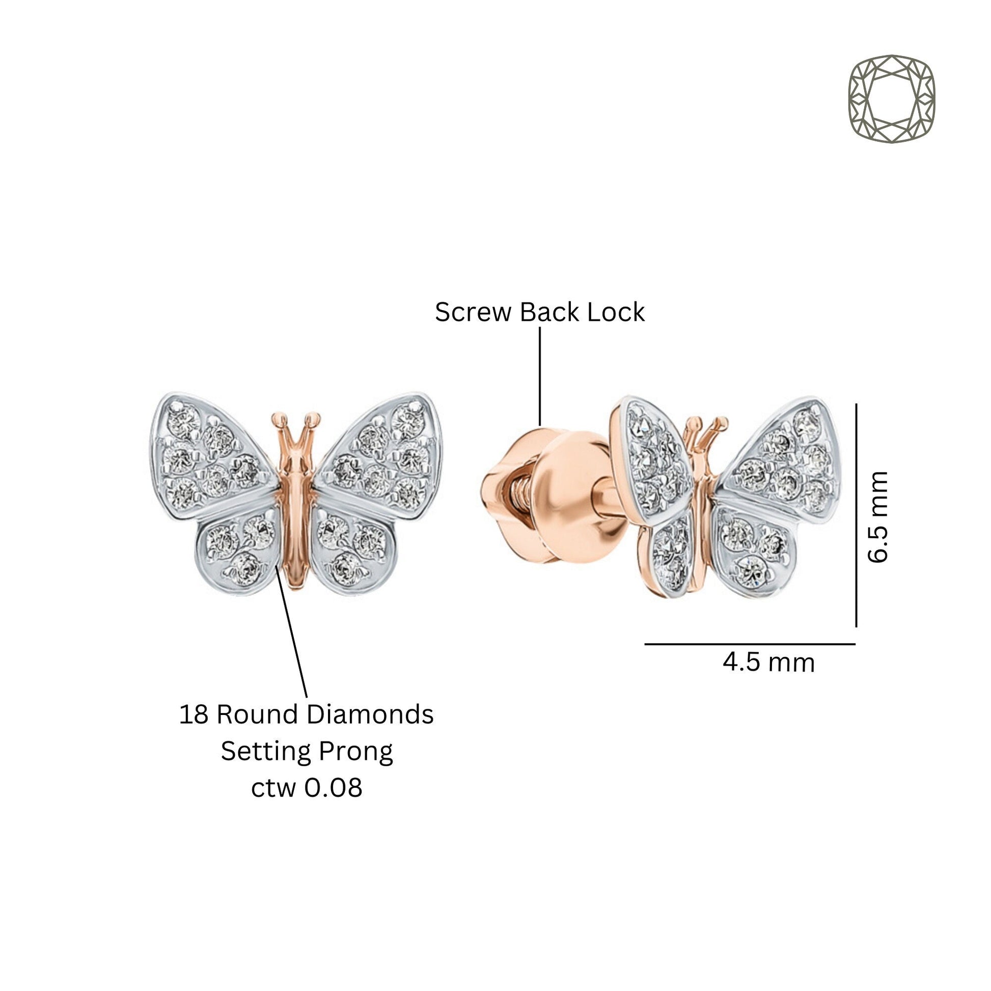 Butterfly Diamond Stud Earrings, Dainty 14K Gold Butterfly Earrings, Sparkly Nature-Inspired Jewelry, Minimalist Diamond Gift for Her Cushionblue