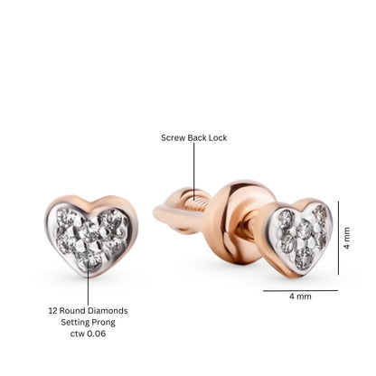 Tiny Heart Shaped Rose Gold Earring, Bezel Diamond Heart Earring, Dainty Stud. Cushionblue