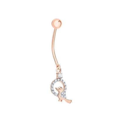 14K Gold Sparrow Belly Button Ring, 14G Diamond Barbell Navel Ring, Dainty Bird Belly Piercing Gift for Her. Cushionblue