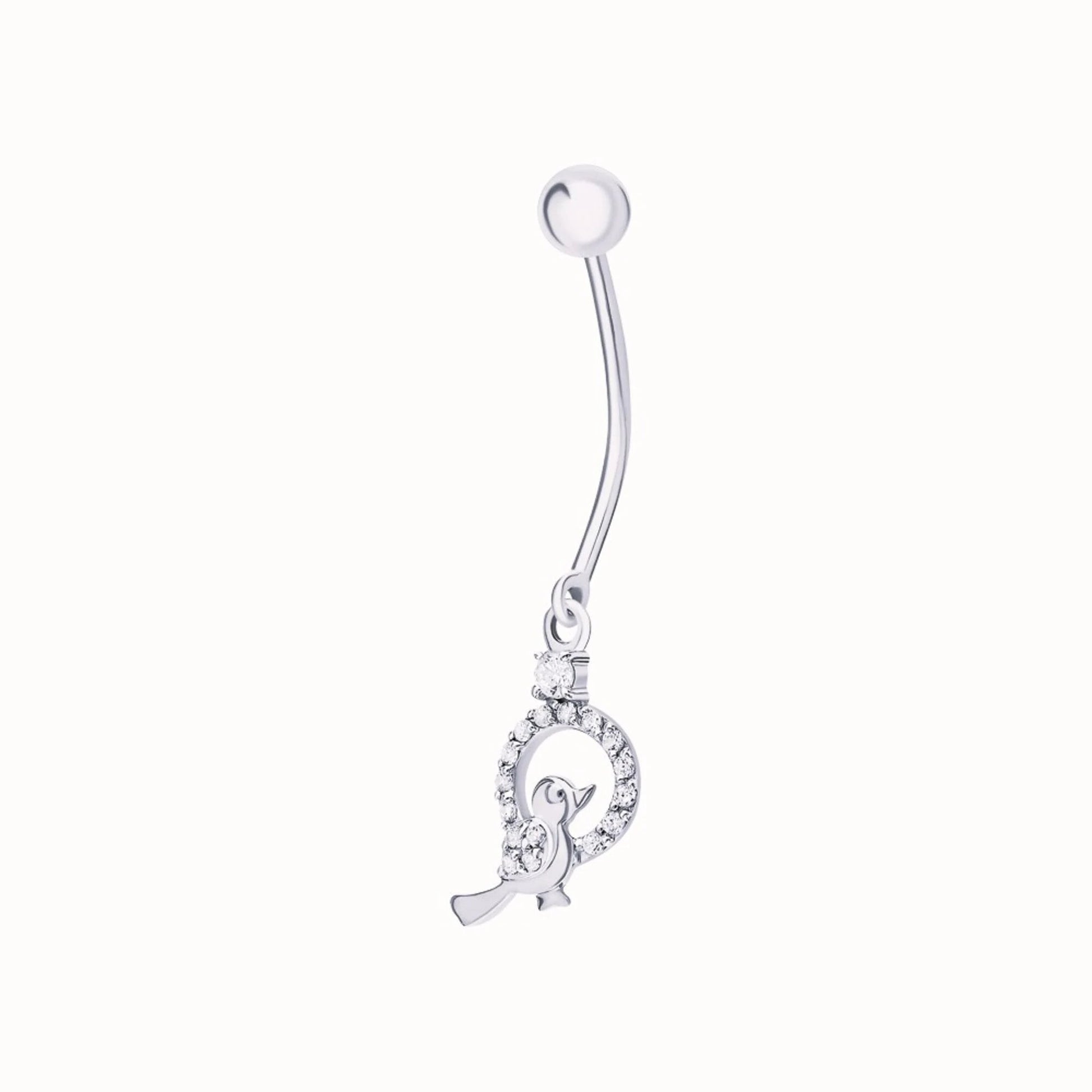 14K Gold Sparrow Belly Button Ring, 14G Diamond Barbell Navel Ring, Dainty Bird Belly Piercing Gift for Her. Cushionblue