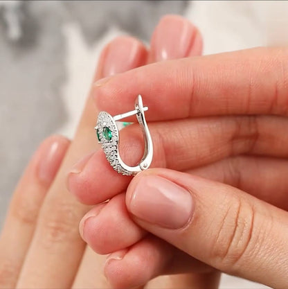 14k White Gold Emerald Snake Hoop (0.56ct) Hoop Earrings, Snake Design Earring. Cushionblue