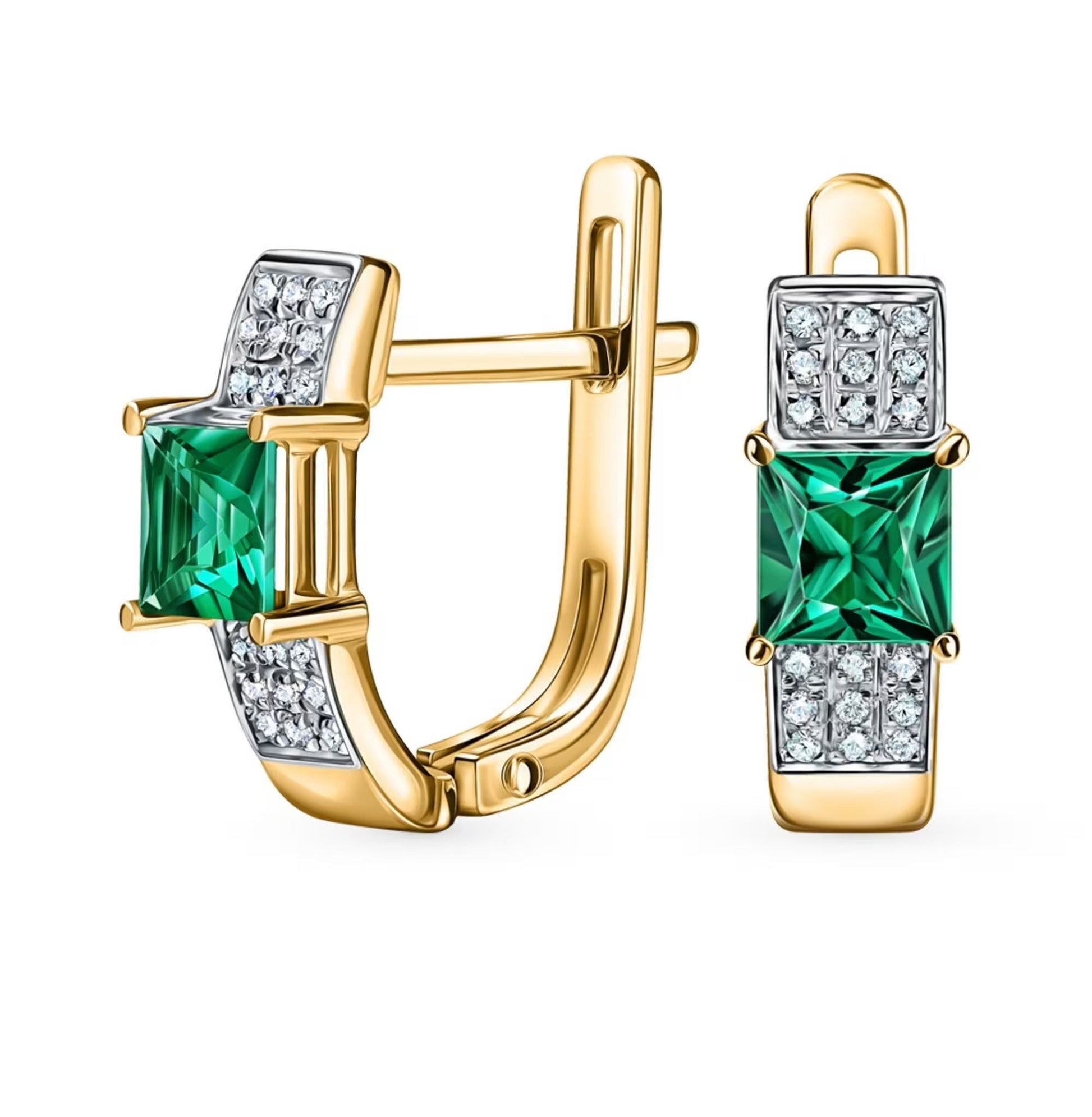 14k Solid Gold Emerald Hoop Earring. Cushionblue