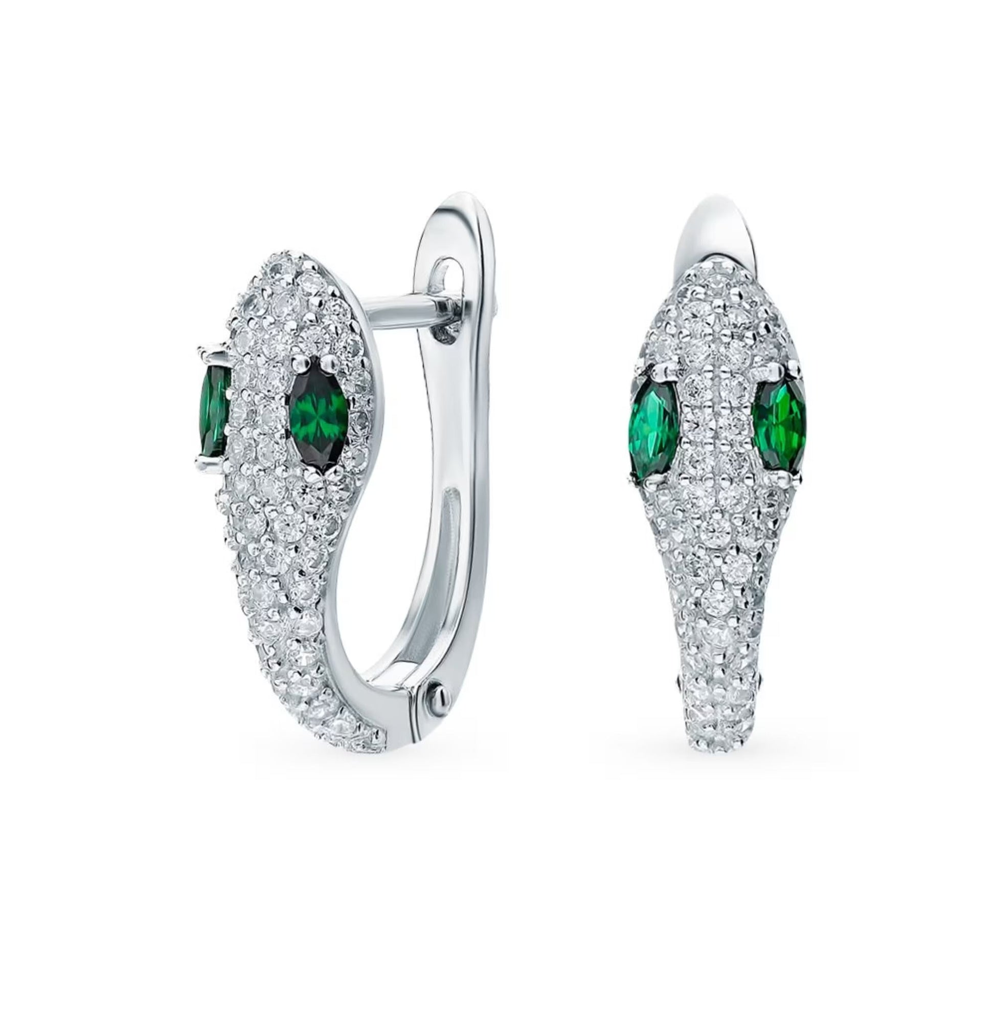 14k White Gold Emerald Snake Hoop (0.56ct) Hoop Earrings, Snake Design Earring. Cushionblue