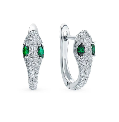 14k White Gold Emerald Snake Hoop Cushionblue
