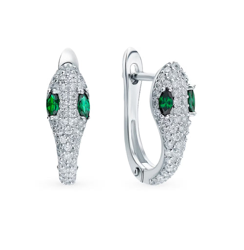 14k White Gold Emerald Snake Hoop (0.56ct) Hoop Earrings, Snake Design Earring. Cushionblue