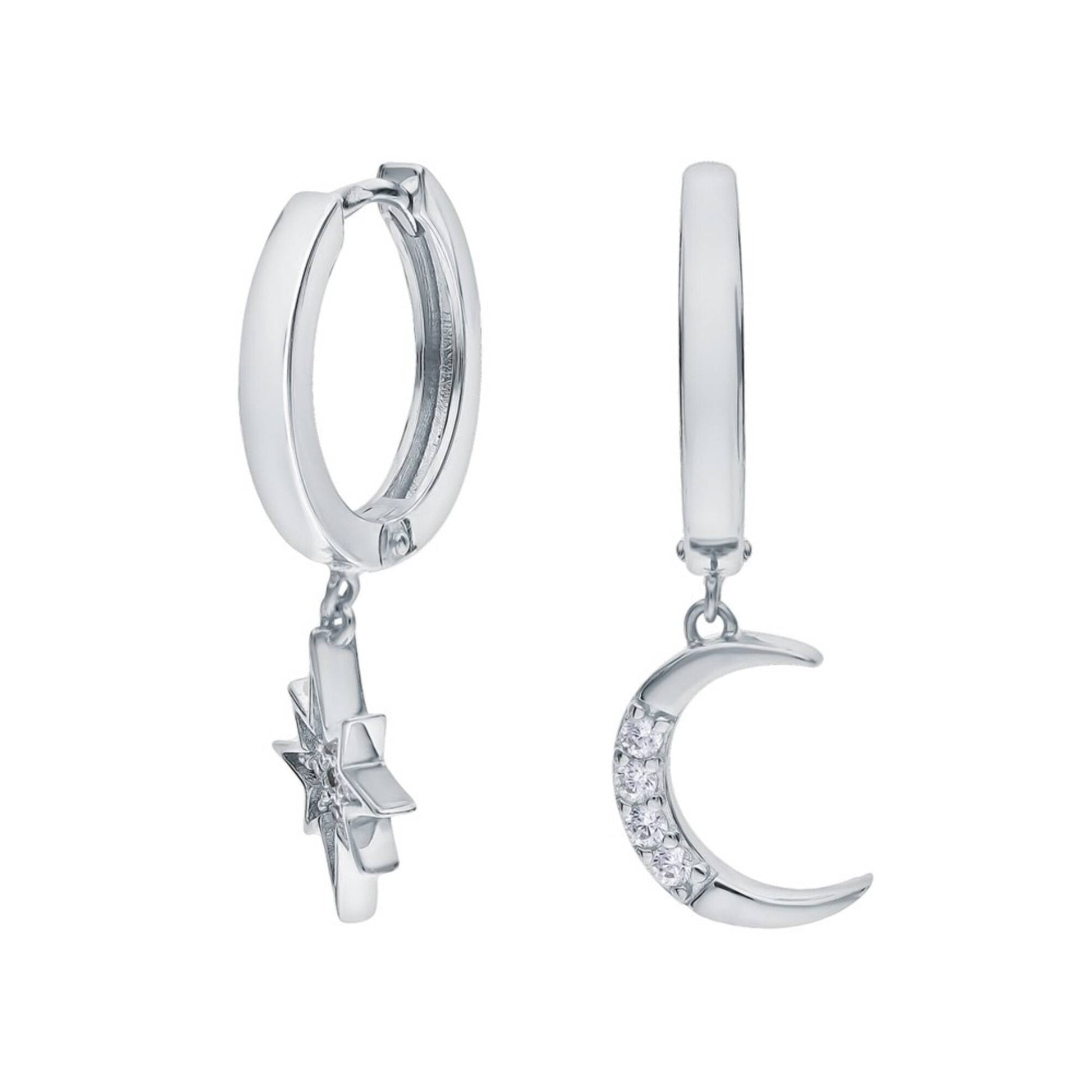 14k Gold Moon Star Huggies Earring, Crescent Moon Star Hoop Earrings. Cushionblue
