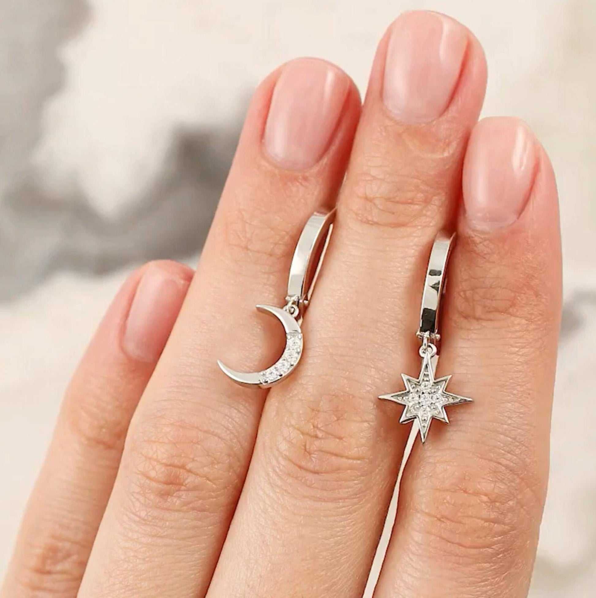 14k Gold Moon Star Huggies Earring, Crescent Moon Star Hoop Earrings. Cushionblue