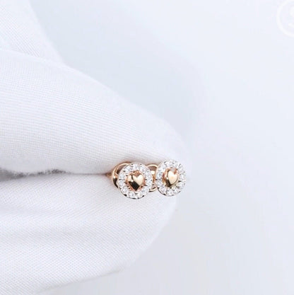 14k Solid Gold Pave Diamond Heart Coin Studs | Round Vintage-Inspired Earrings with Plain Center Heart | Gift for Her cushionblue
