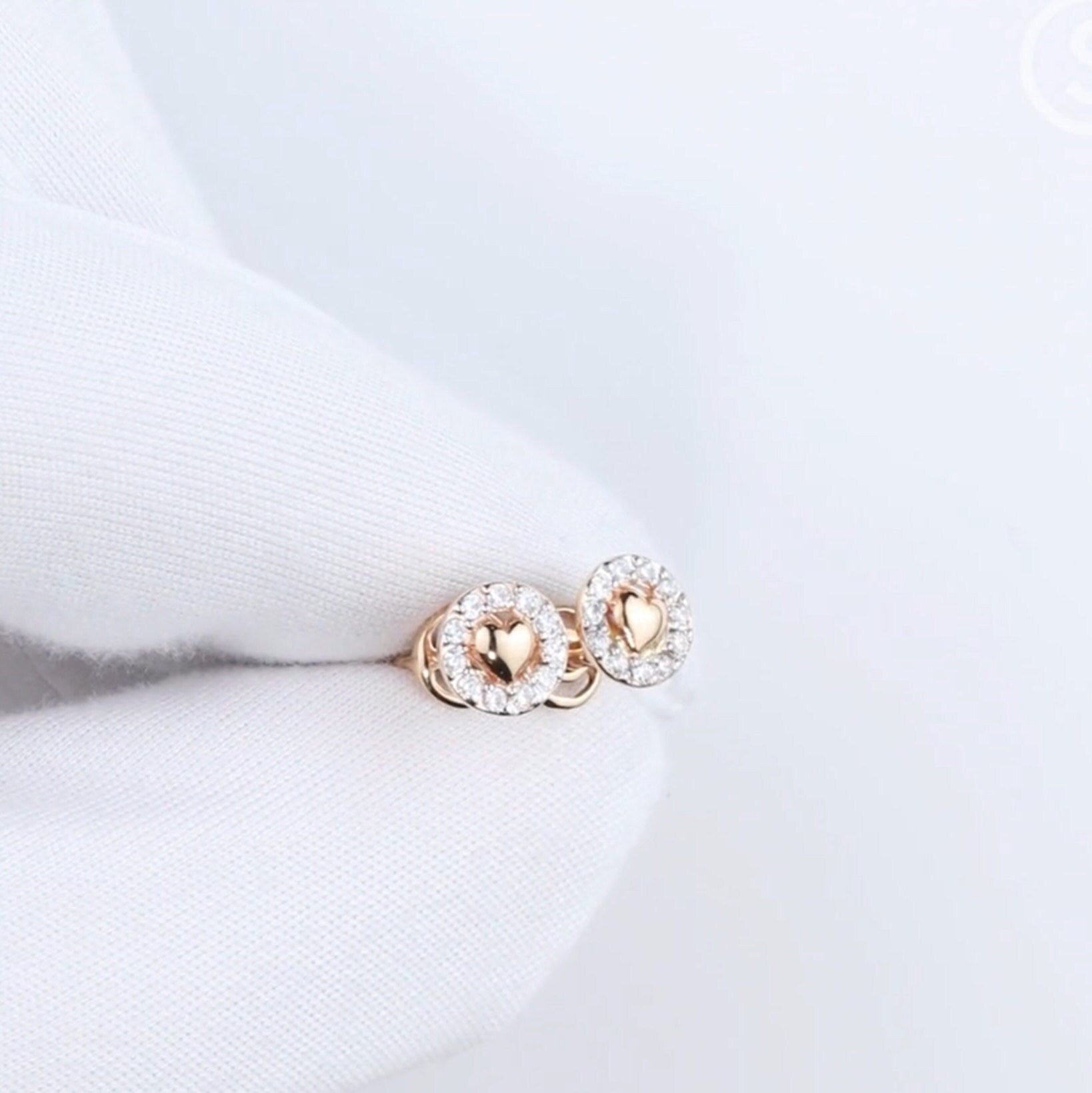 14k Solid Gold Pave Diamond Heart Coin Studs | Round Vintage-Inspired Earrings with Plain Center Heart | Gift for Her cushionblue