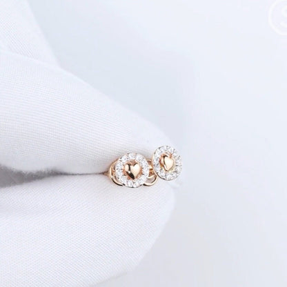 14k Solid Gold Pave Diamond Heart Coin Studs | Round Vintage-Inspired Earrings with Plain Center Heart | Gift for Her cushionblue
