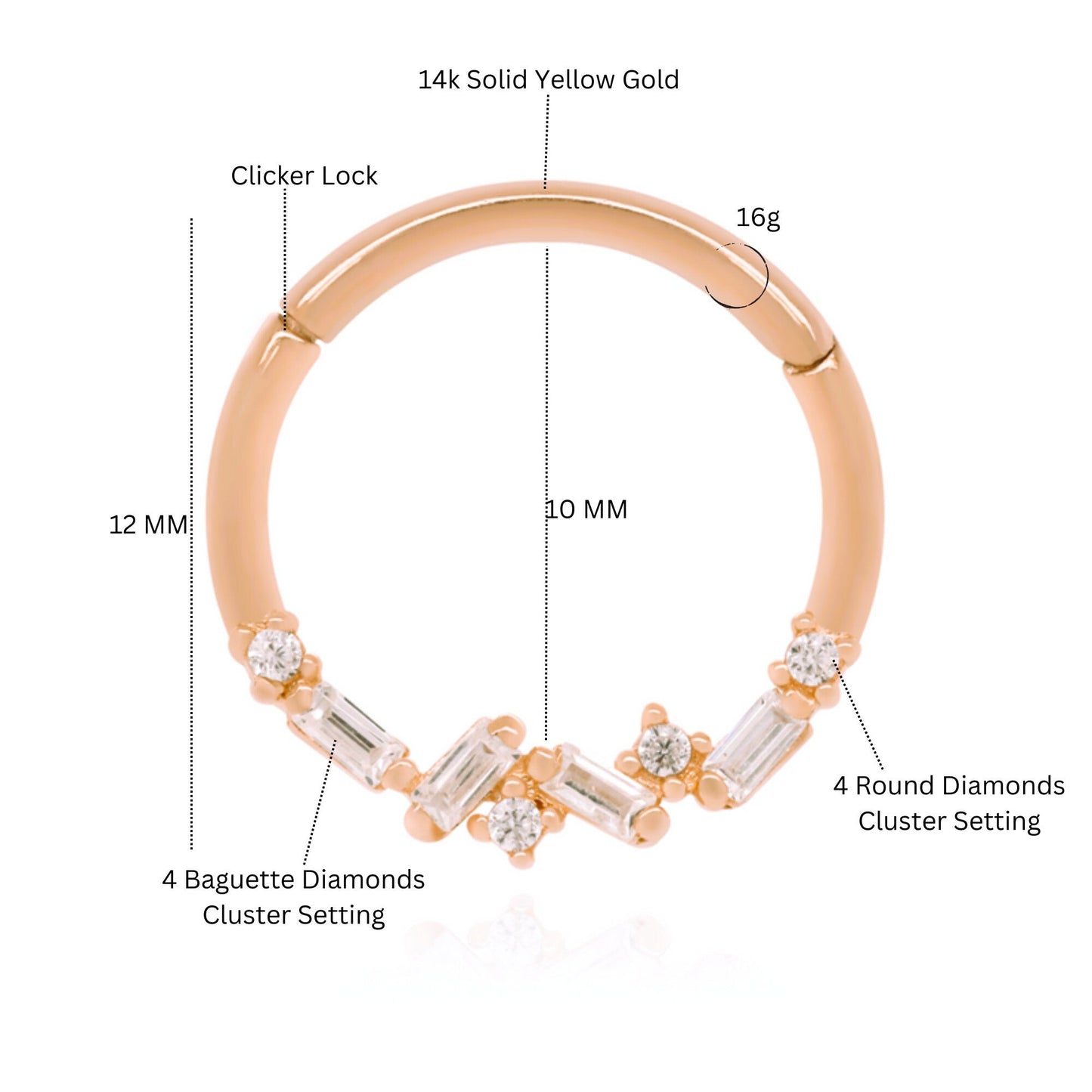 14k Gold Baguette Diamond Cluster Hoop,Tragus Daith Helix Septum Ring. Cushionblue