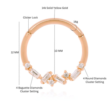 14k Gold Baguette Diamond Cluster Hoop,Tragus Daith Helix Septum Ring. Cushionblue