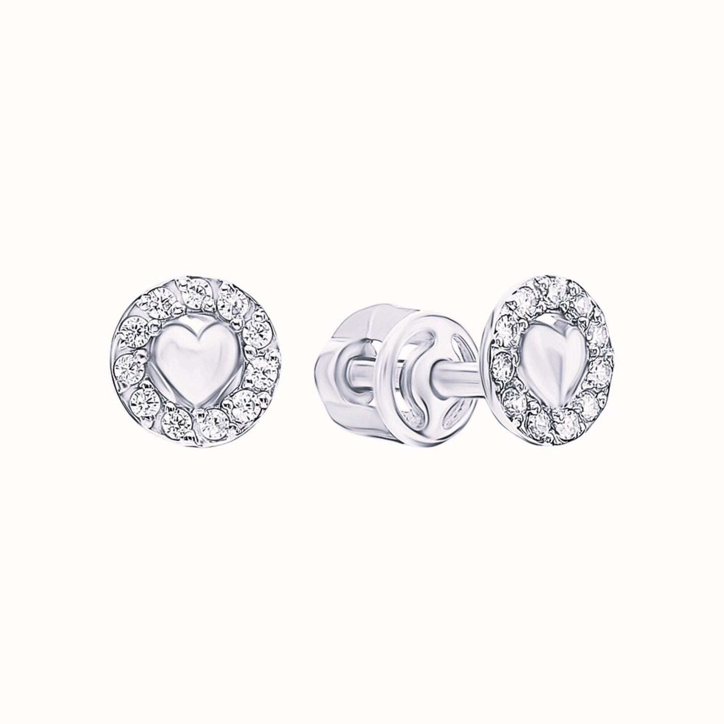 14k Solid Gold Pave Diamond Heart Coin Studs | Round Vintage-Inspired Earrings with Plain Center Heart | Gift for Her cushionblue
