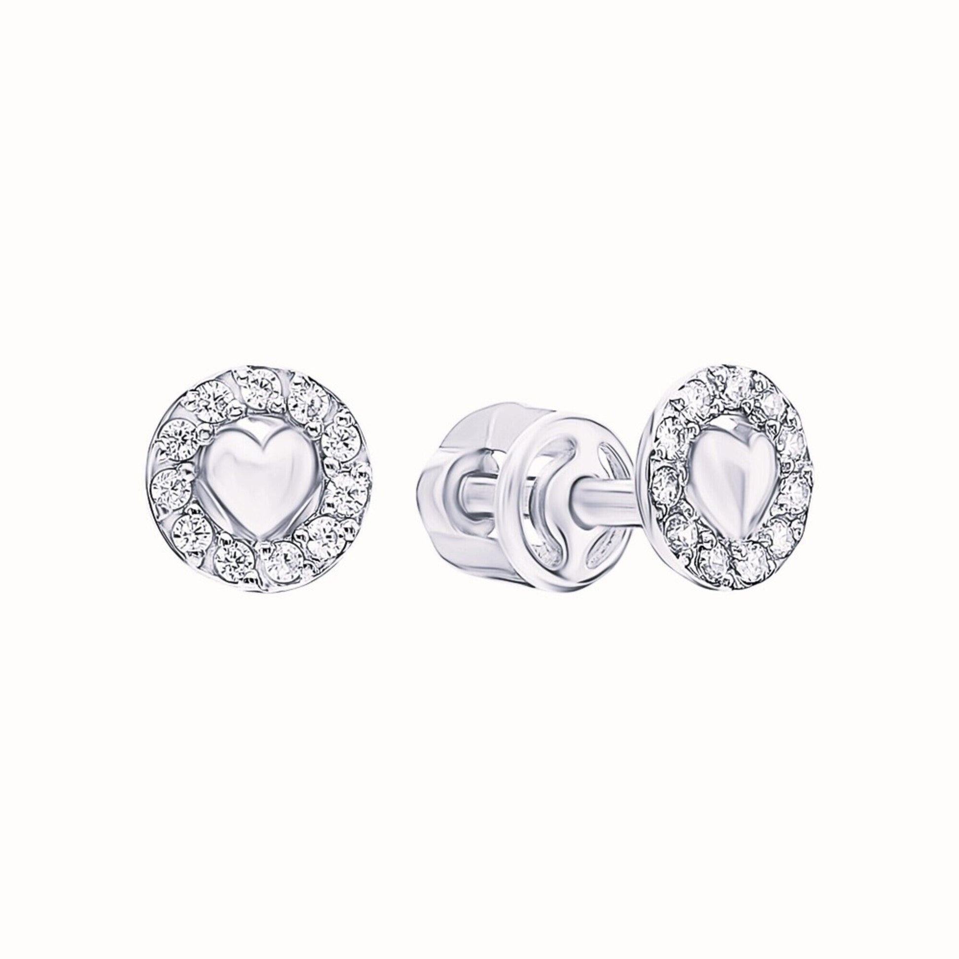 14k Solid Gold Pave Diamond Heart Coin Studs | Round Vintage-Inspired Earrings with Plain Center Heart | Gift for Her cushionblue