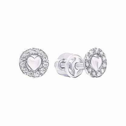 14k Solid Gold Pave Diamond Heart Coin Studs | Round Vintage-Inspired Earrings with Plain Center Heart | Gift for Her cushionblue
