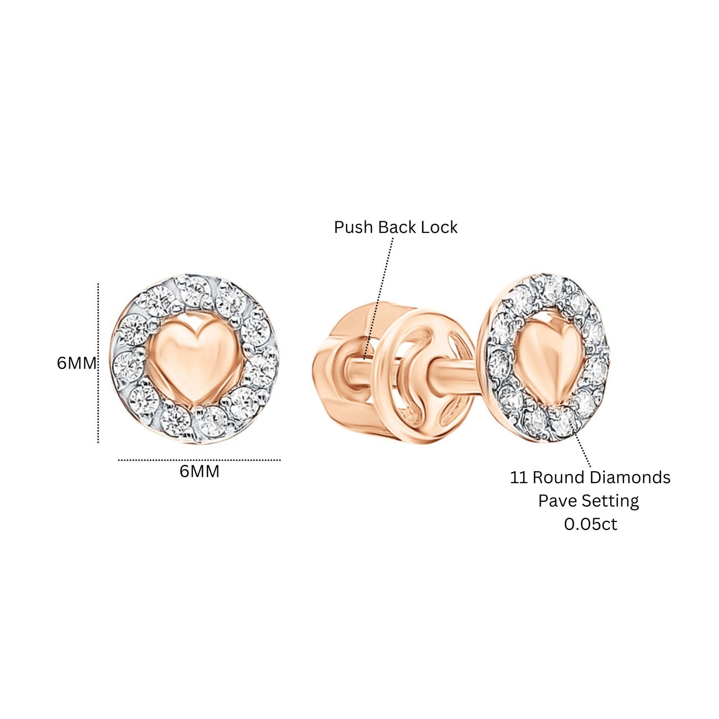 14k Solid Gold Pave Diamond Heart Coin Studs | Round Vintage-Inspired Earrings with Plain Center Heart | Gift for Her cushionblue