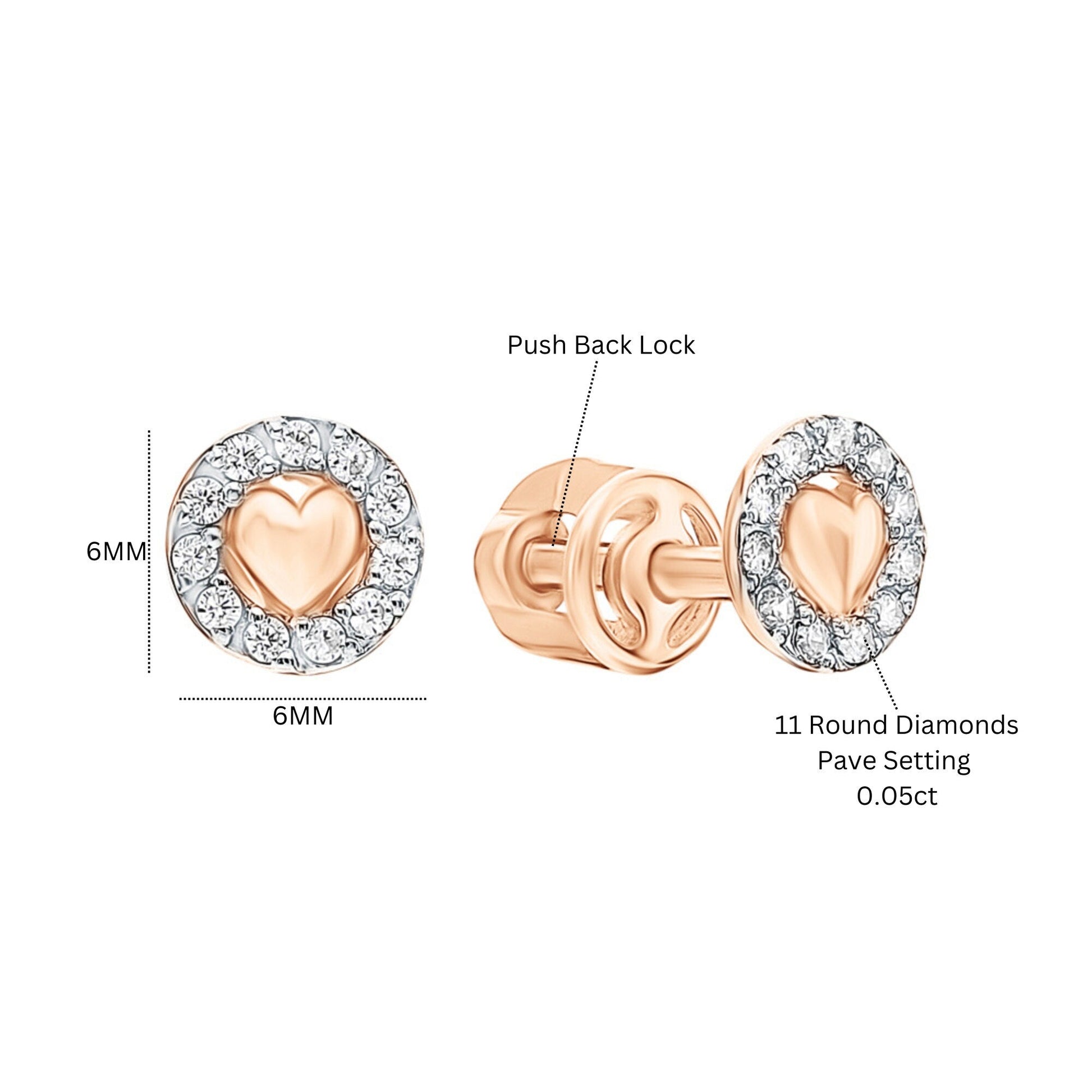 14k Solid Gold Pave Diamond Heart Coin Studs | Round Vintage-Inspired Earrings with Plain Center Heart | Gift for Her cushionblue
